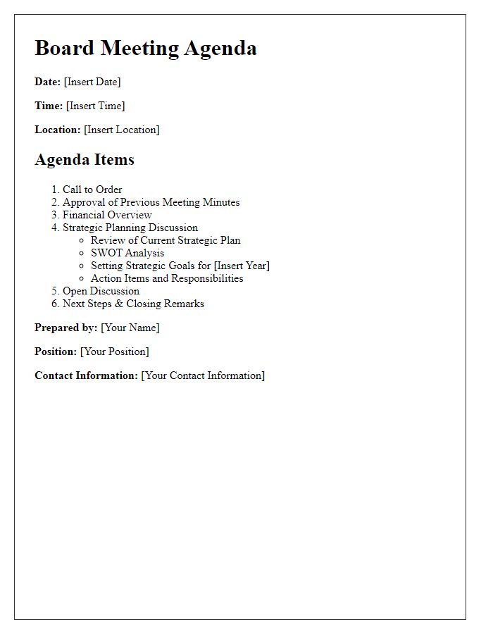 Letter template of board meeting agenda for strategic planning discussion