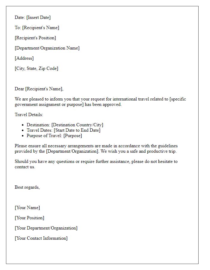 Letter template of confirmation for international travel approval for government assignments