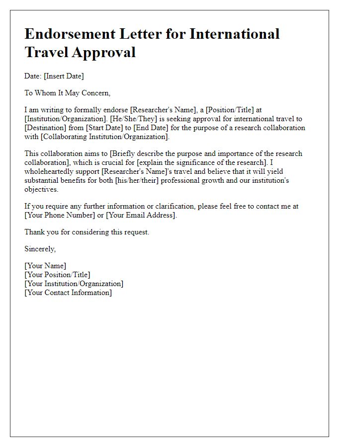 Letter template of endorsement for international travel approval for research collaboration