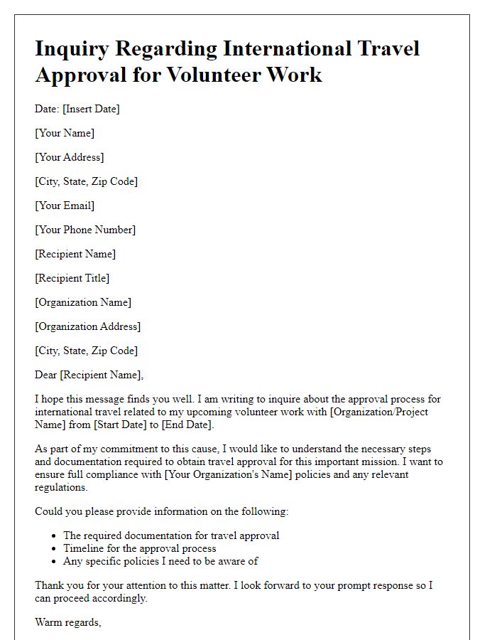 Letter template of inquiry regarding international travel approval for volunteer work