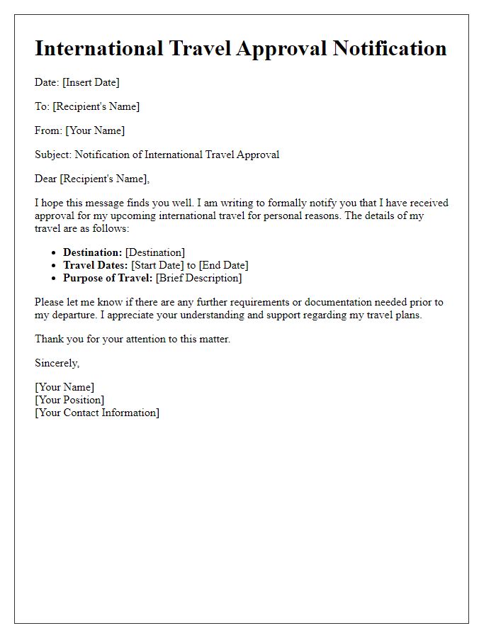 Letter template of notification for international travel approval for personal reasons