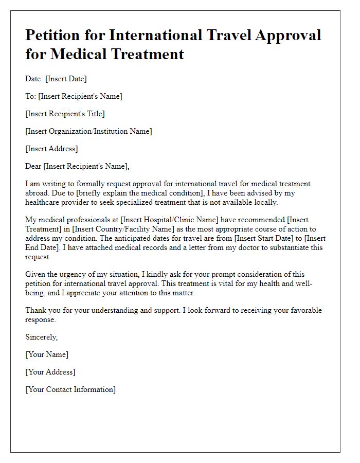 Letter template of petition for international travel approval for medical treatment abroad