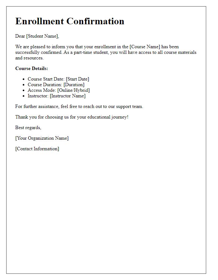 Letter template of Online Course Enrollment Confirmation for Part-time Students