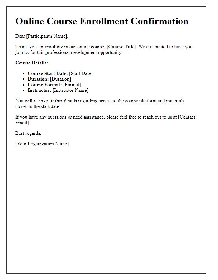 Letter template of Online Course Enrollment Confirmation for Professional Development