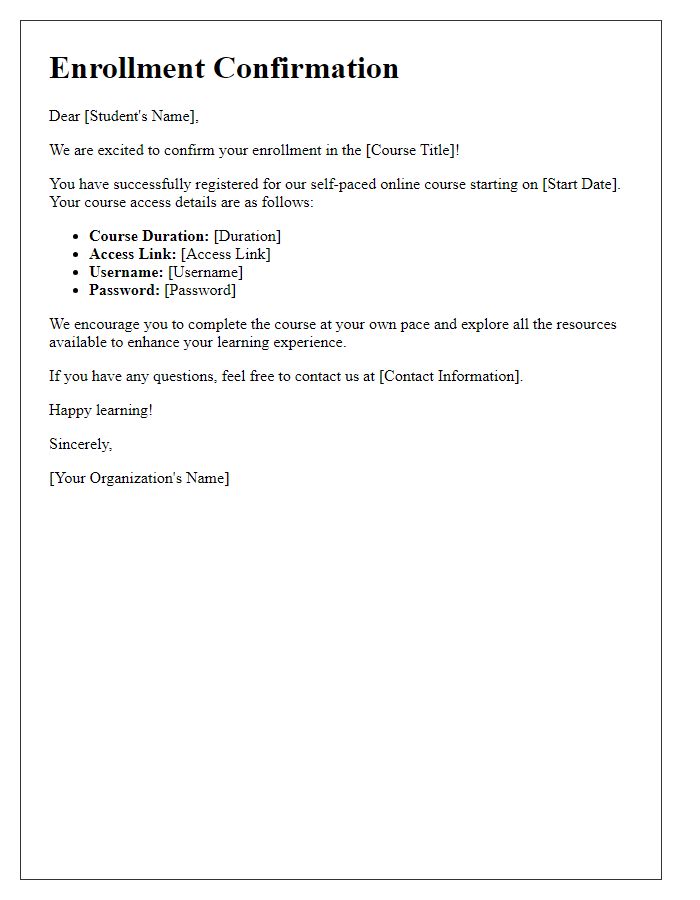 Letter template of Online Course Enrollment Confirmation for Self-paced Learning