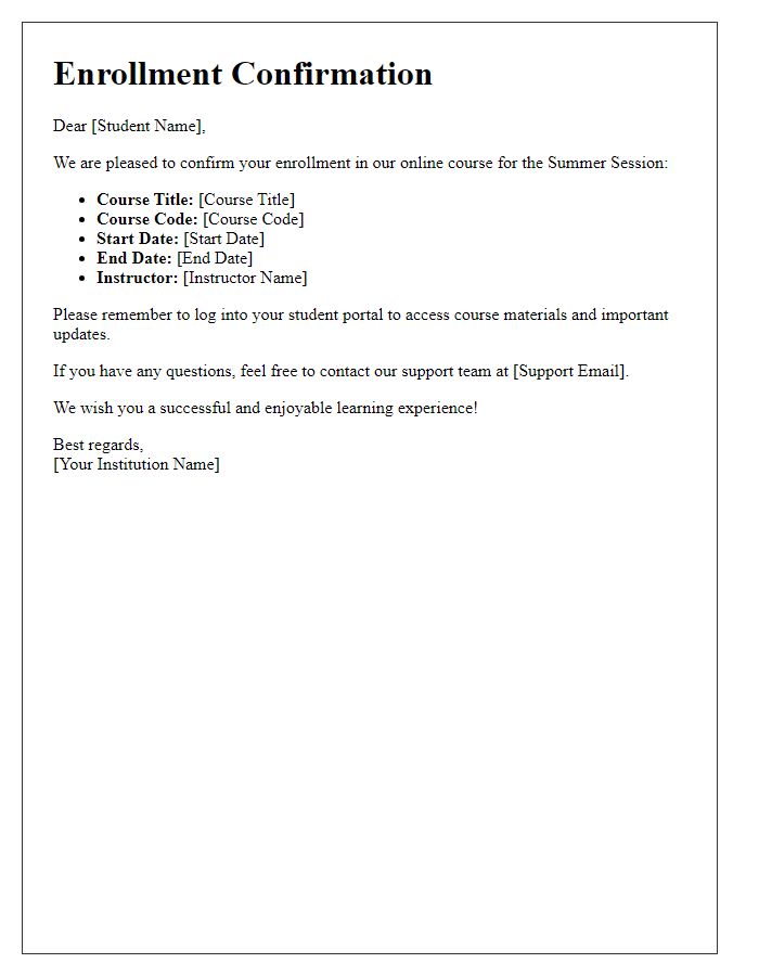 Letter template of Online Course Enrollment Confirmation for Summer Sessions