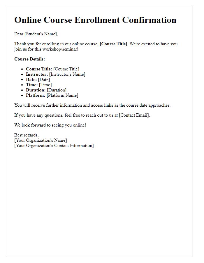 Letter template of Online Course Enrollment Confirmation for Workshops and Seminars