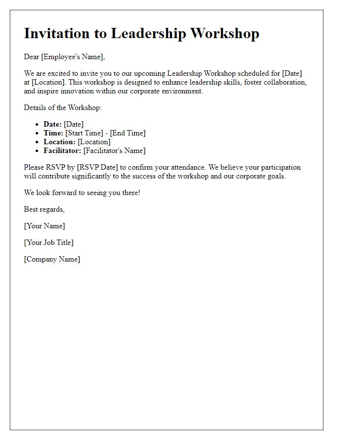 Letter template of leadership workshop invitation for corporate employees