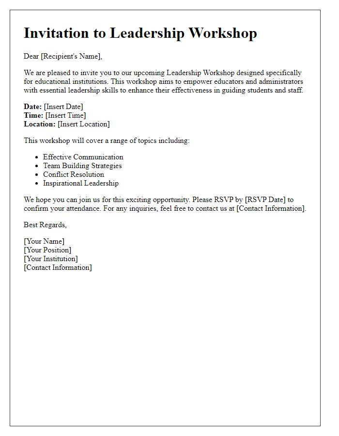 Letter template of leadership workshop invitation for educational institutions