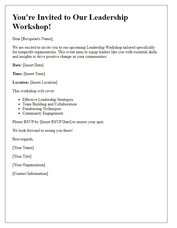 Letter template of leadership workshop invitation for nonprofit organizations