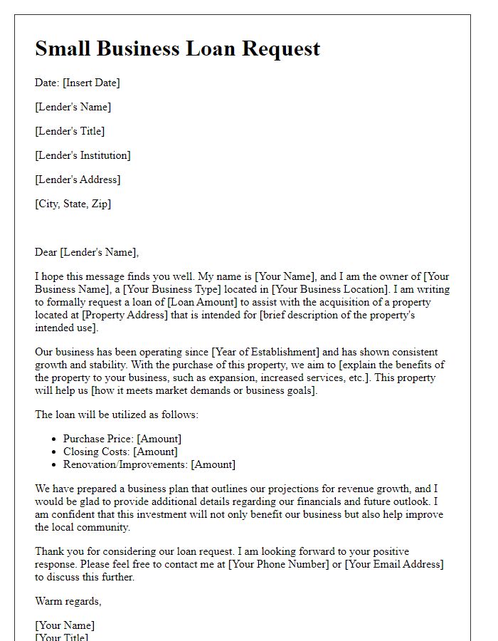 Letter template of small business loan request for real estate acquisition