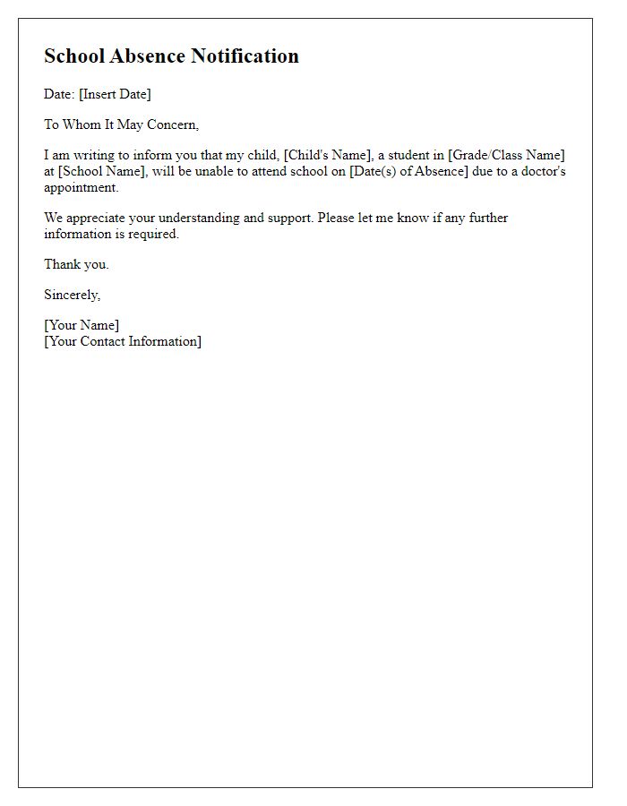 Letter template of child school absence because of a doctor's appointment.