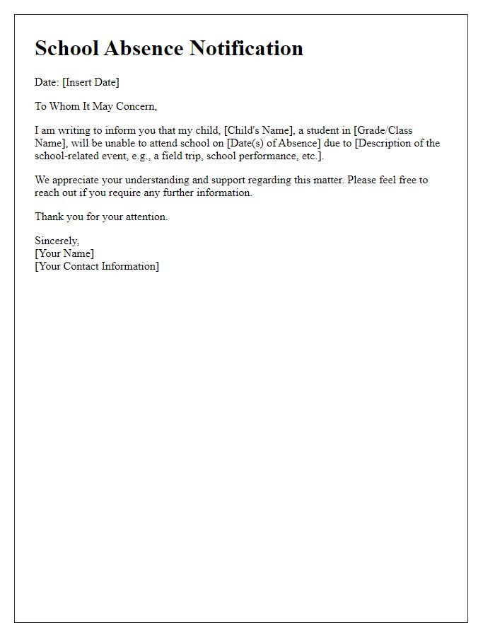 Letter template of child school absence due to a school-related event.