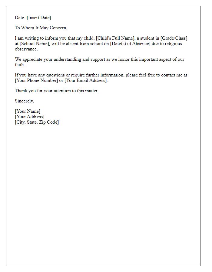 Letter template of child school absence for religious observance.