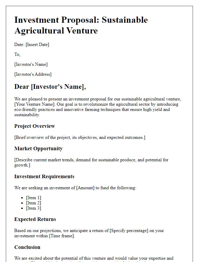 Letter template of investment proposal for agricultural venture.