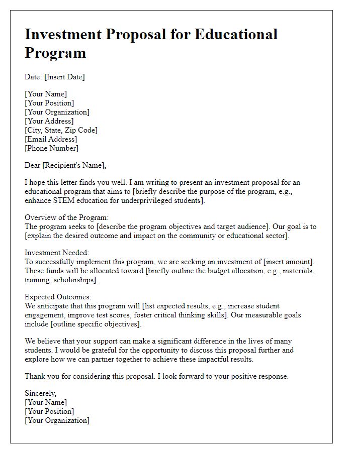 Letter template of investment proposal for educational program.