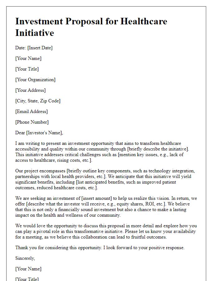 Letter template of investment proposal for healthcare initiative.