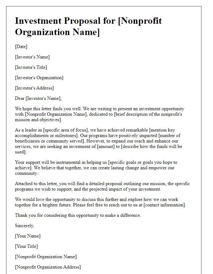 Letter template of investment proposal for a nonprofit organization.