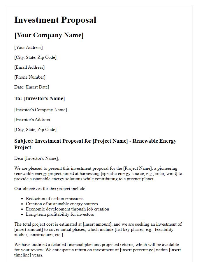 Letter template of investment proposal for renewable energy project.