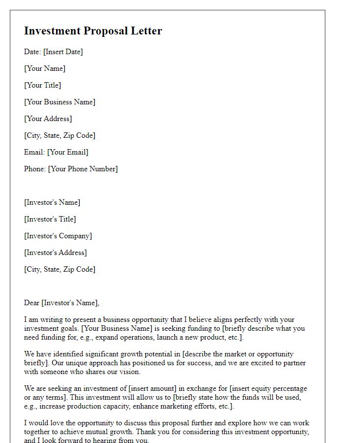 Letter template of investment proposal for small business funding.