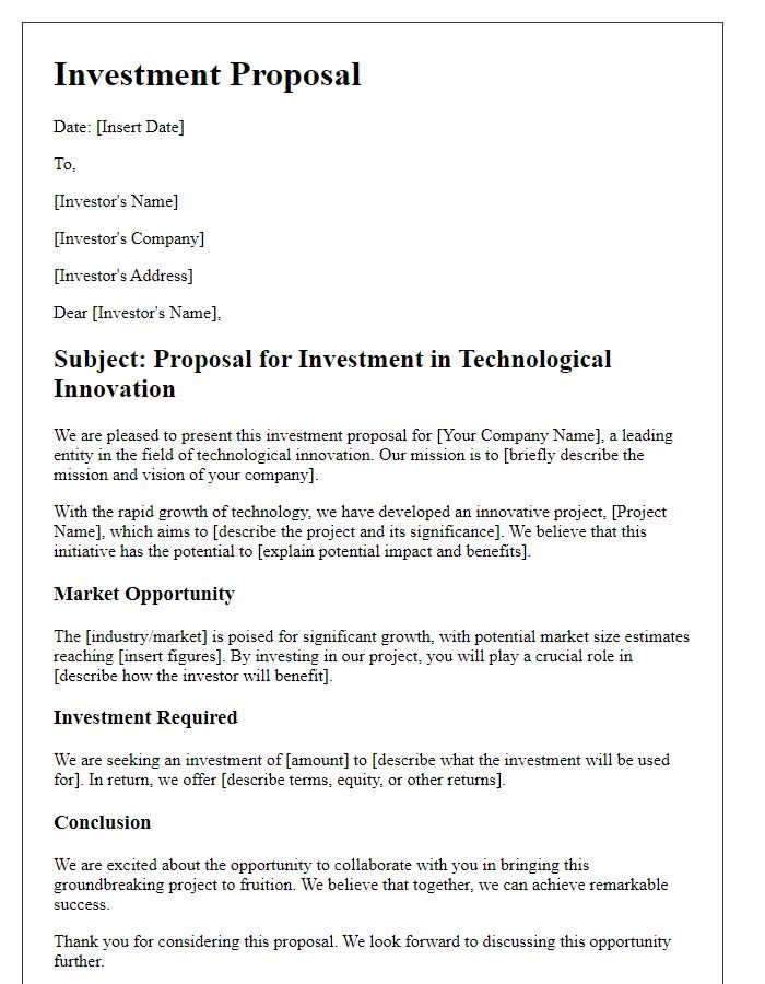 Letter template of investment proposal for technological innovation.