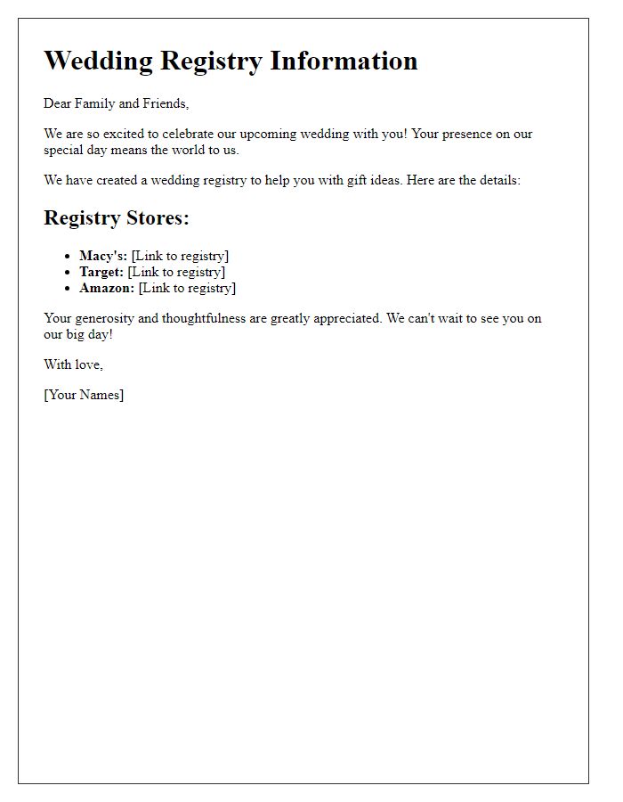 Letter template of wedding registry details for guests