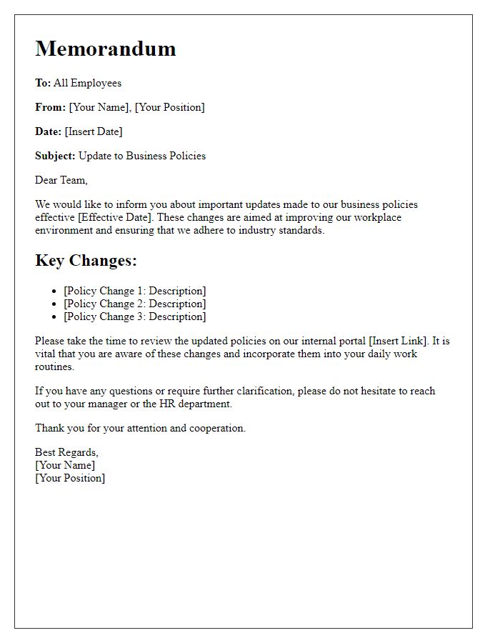 Letter template of business policy update memorandum