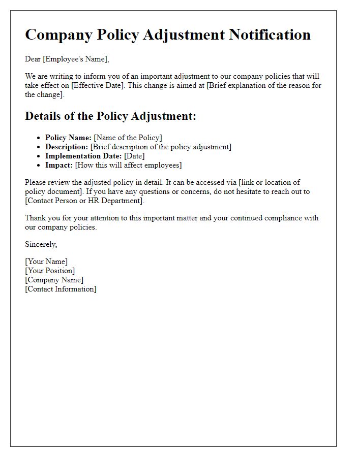 Letter template of company policy adjustment notification