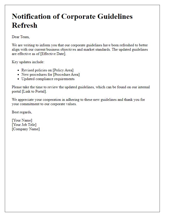 Letter template of corporate guidelines refresh notification