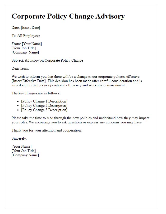 Letter template of corporate policy change advisory