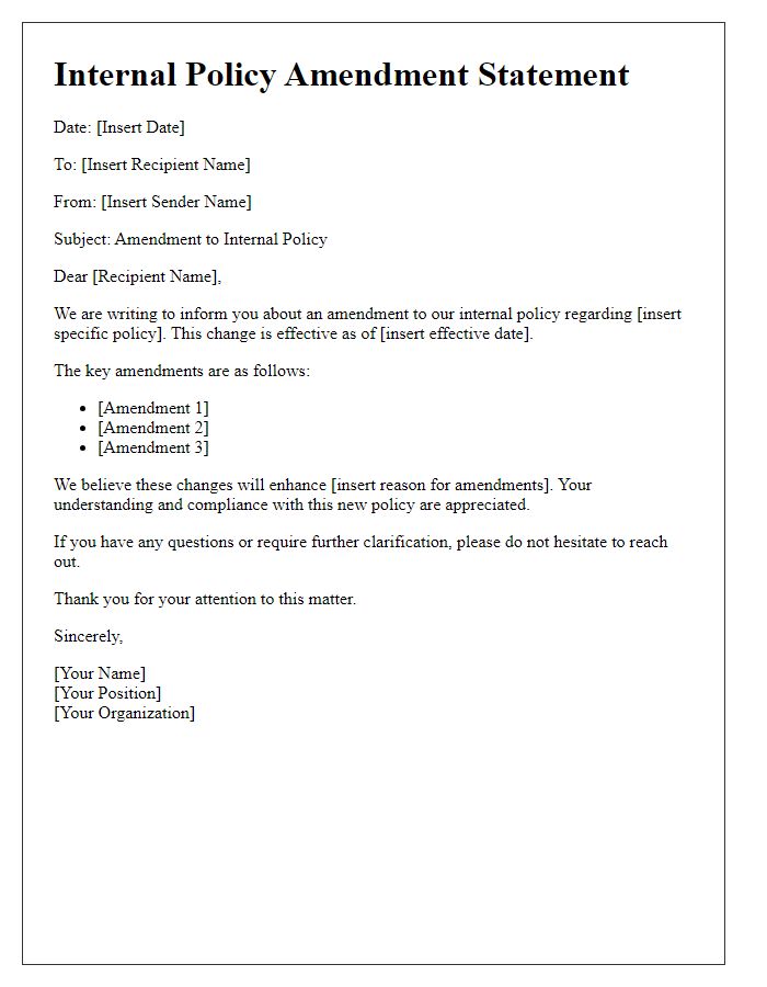 Letter template of internal policy amendment statement