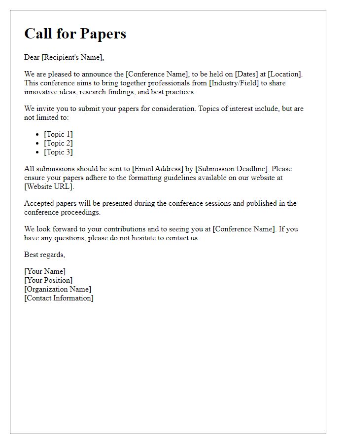 Letter template of call for papers for a professional conference