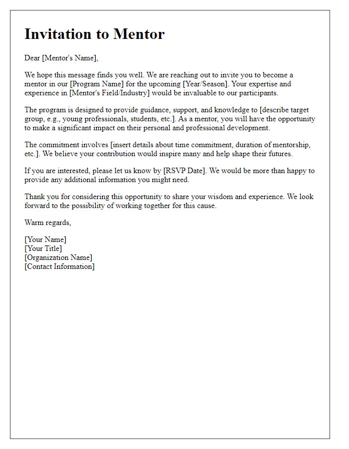 Letter template of invitation to mentor in a volunteer capacity