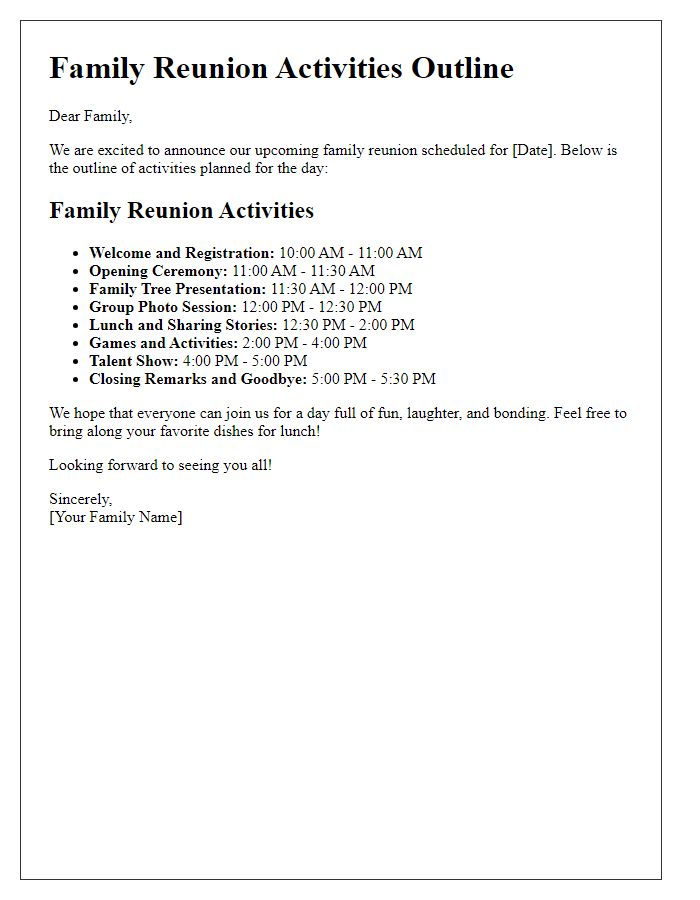 Letter template of family reunion activities outline