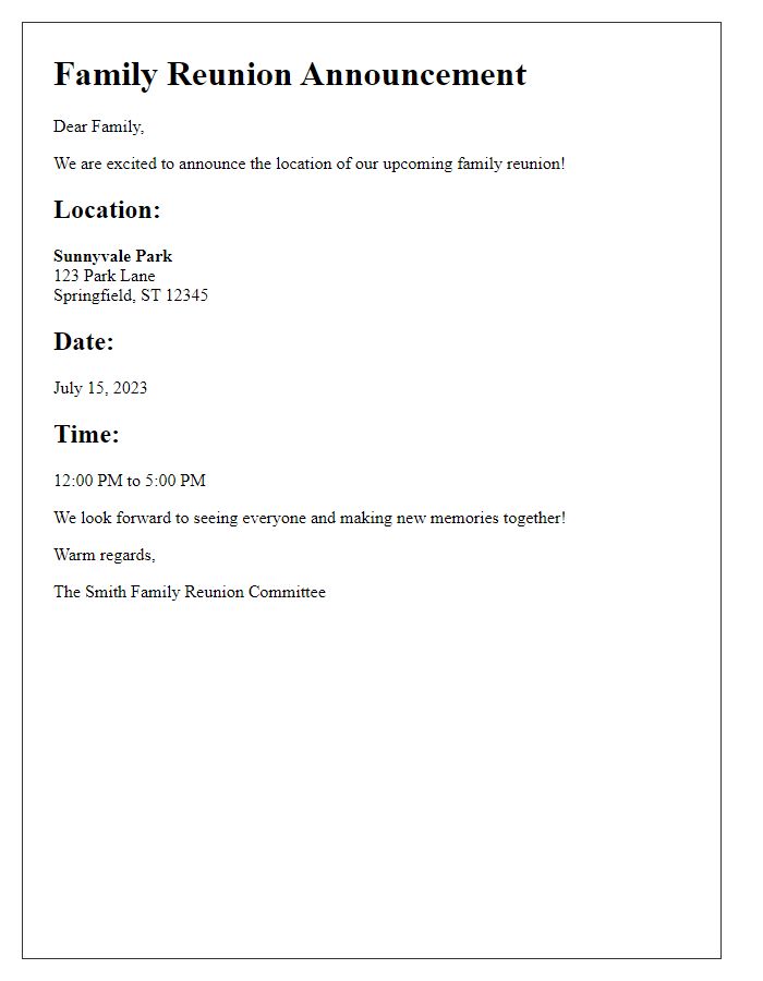 Letter template of family reunion location announcement