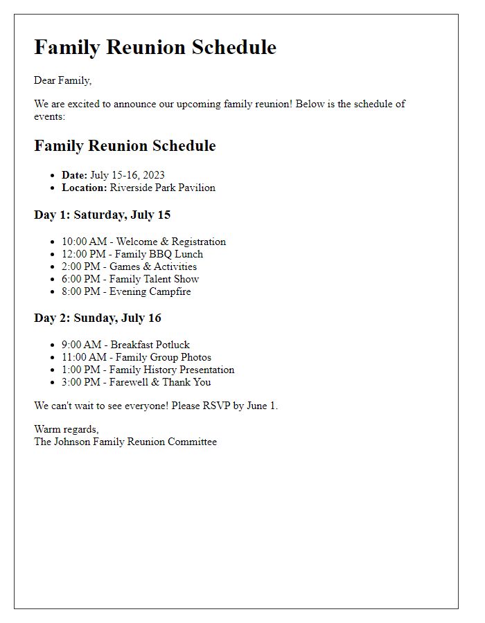 Letter template of family reunion schedule