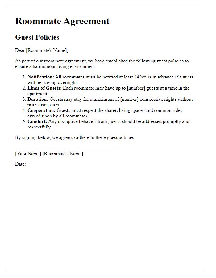 Letter template of roommate agreement addressing guest policies.