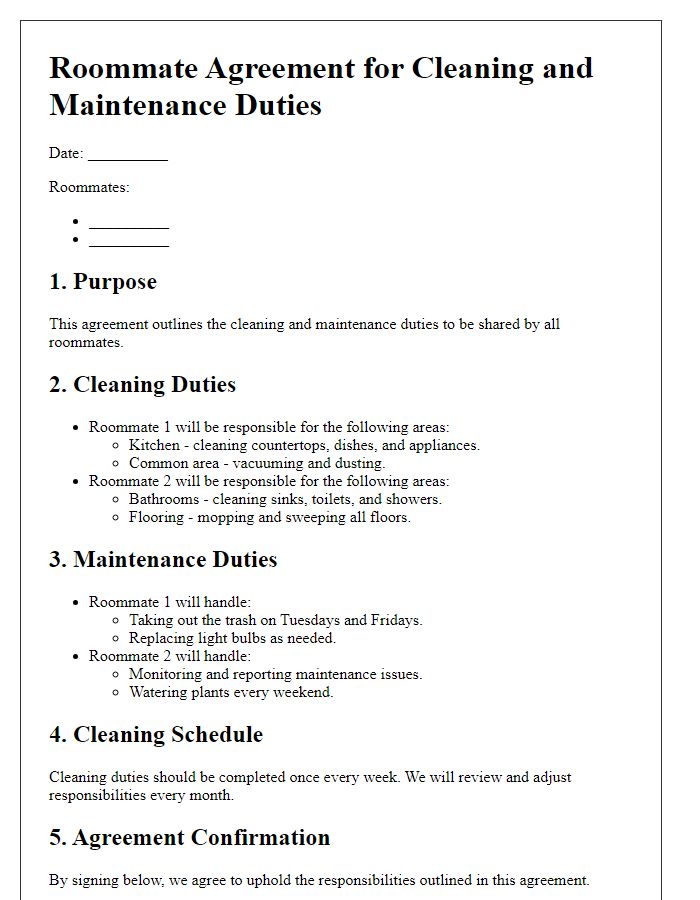 Letter template of roommate agreement for cleaning and maintenance duties.