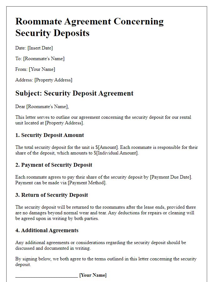 Letter template of roommate agreement concerning security deposits.