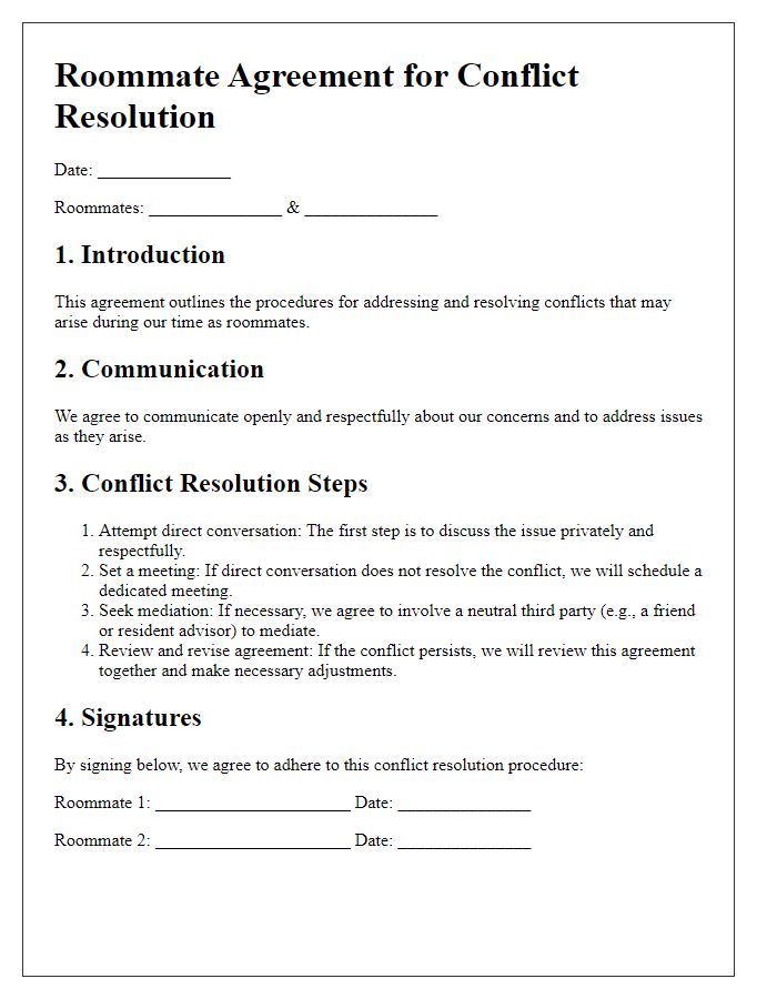 Letter template of roommate agreement for conflict resolution procedures.