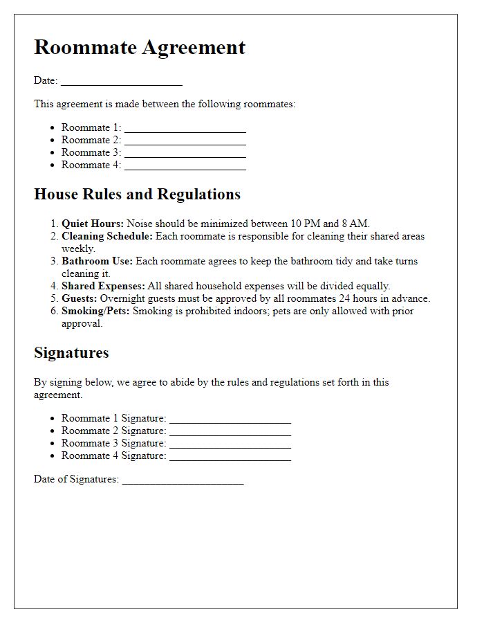 Letter template of roommate agreement for house rules and regulations.