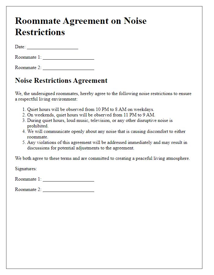 Letter template of roommate agreement on noise restrictions.