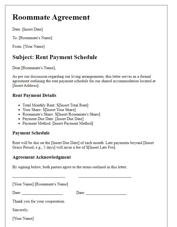 Letter template of roommate agreement outlining rent payment schedule.