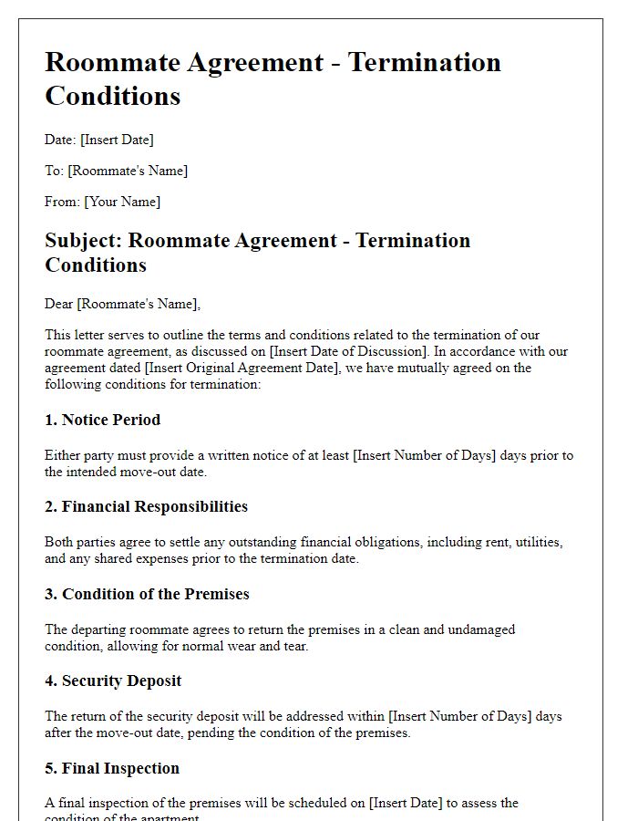 Letter template of roommate agreement outlining termination conditions.