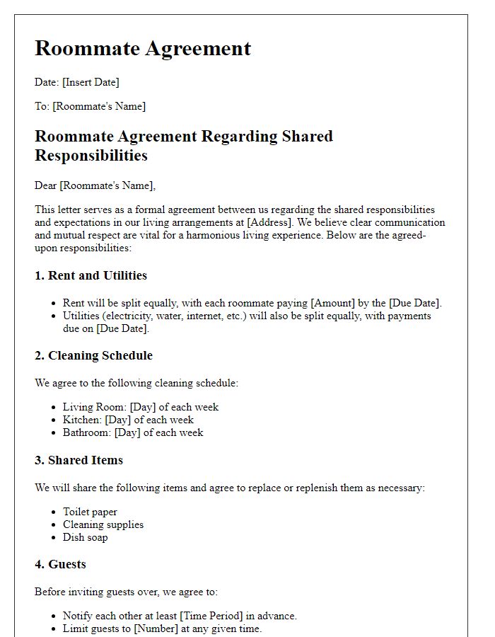 Letter template of roommate agreement regarding shared responsibilities.