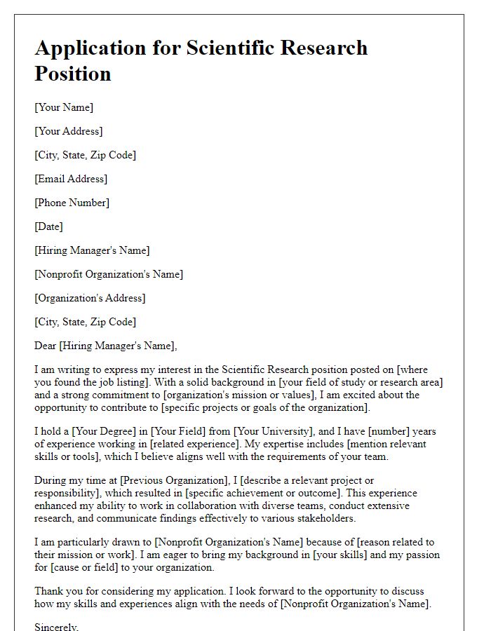 Letter template of scientific research job application aimed at nonprofit organizations.