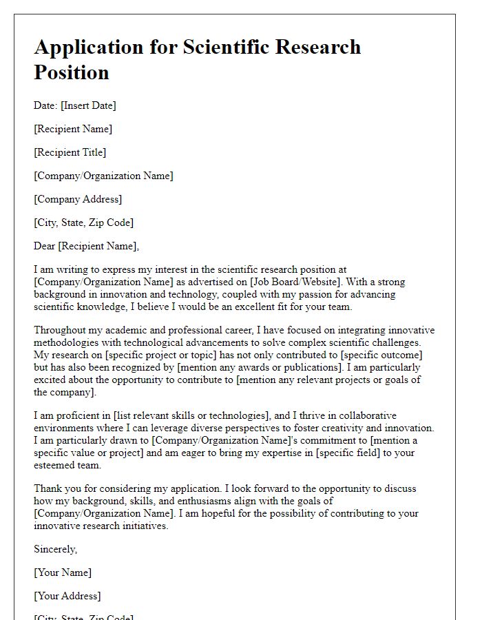 Letter template of scientific research job application focusing on innovation and technology.