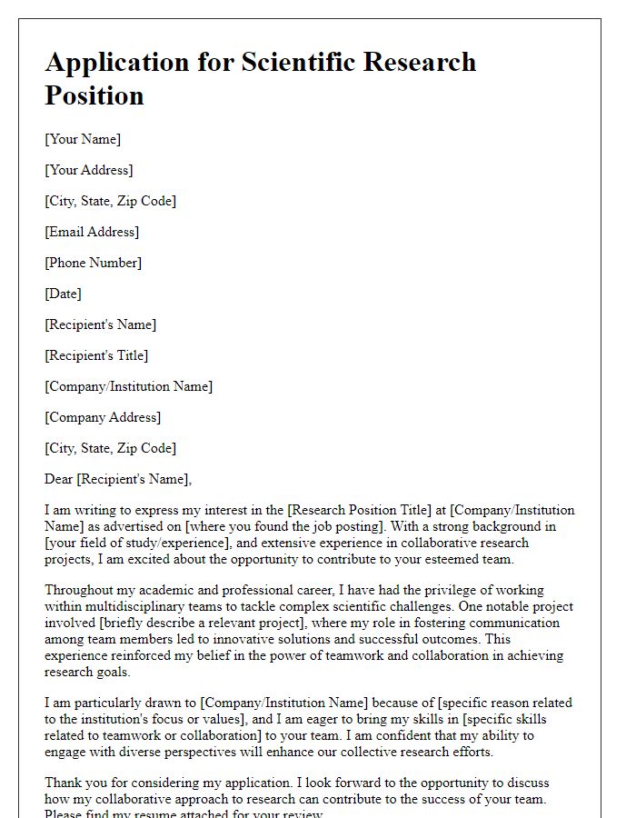 Letter template of scientific research job application highlighting teamwork and collaboration.