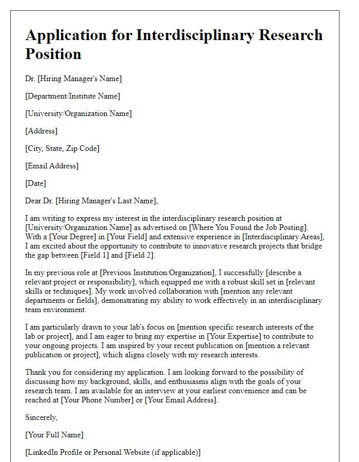 Letter template of scientific research job application for interdisciplinary positions.