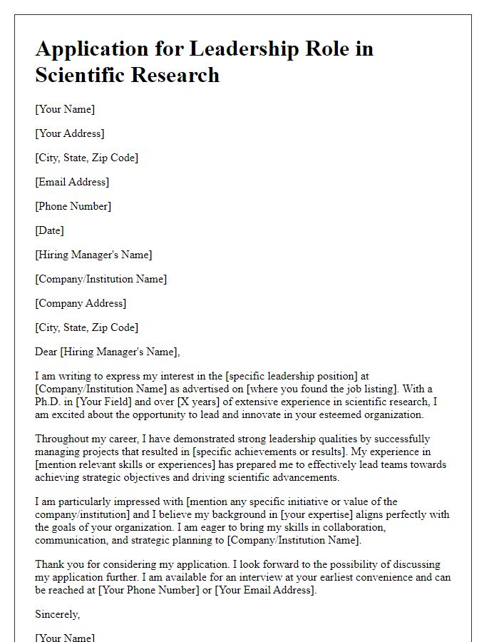 Letter template of scientific research job application for leadership roles.